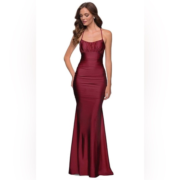 La Femme 29873 Strappy Open Back Shiny Jersey Fitted Gown - Picture 1 of 11